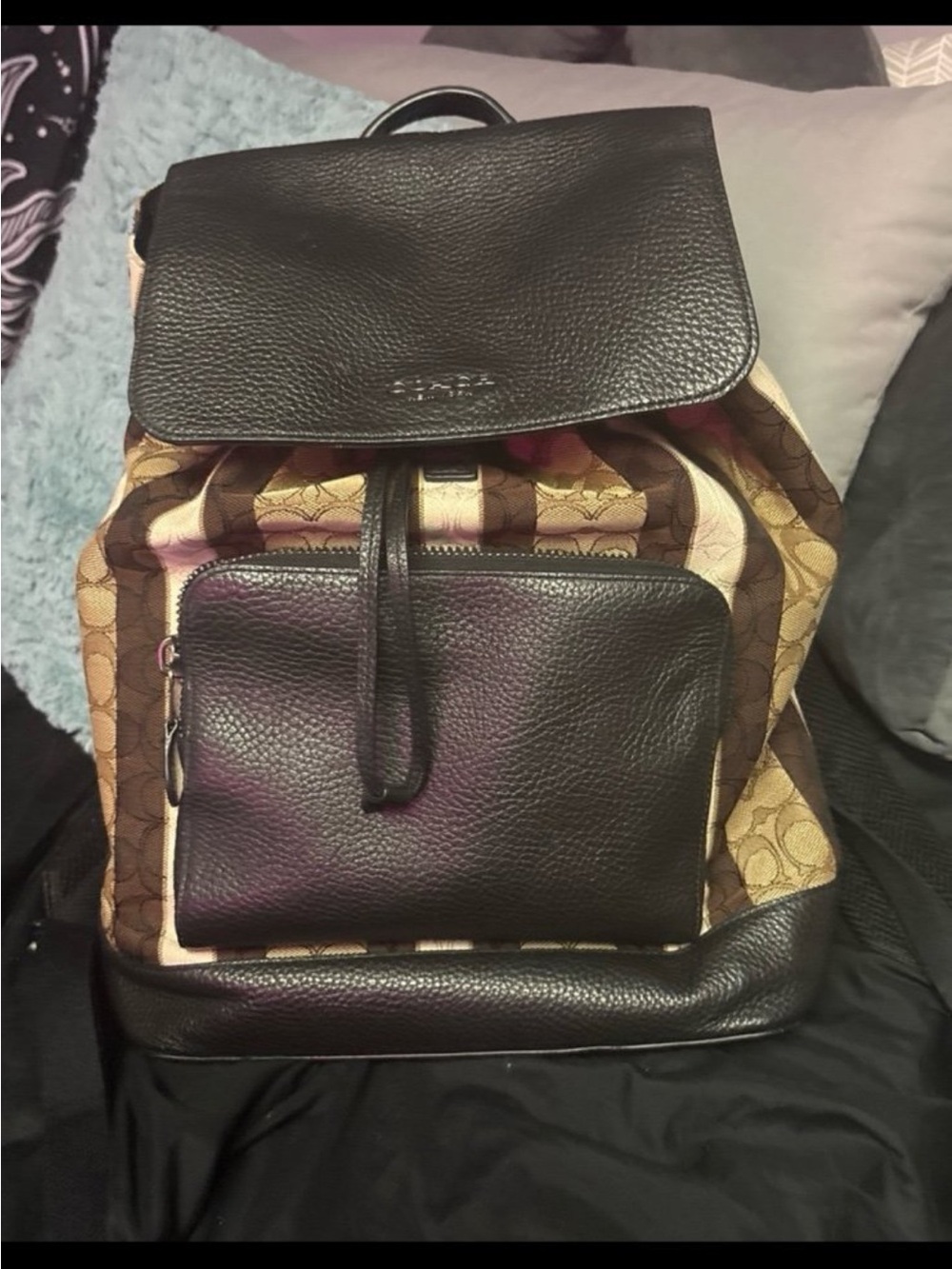Coach Signature Canvas and Black Leather  Backpack